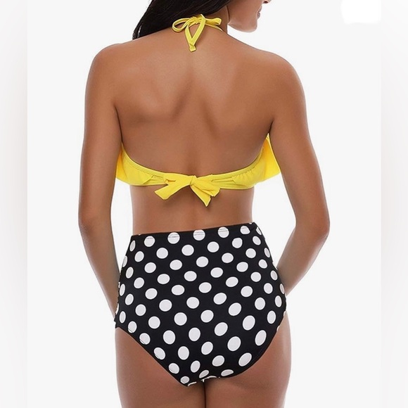 NEW Womens Two Piece Ruffle Bikini Swimsuit Size Small Yellow Ruffle Polka Dot - Picture 2 of 3